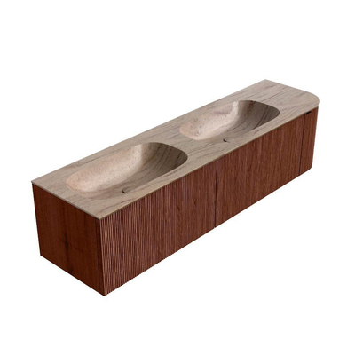 MONDIAZ KURVE-DLUX meuble de salle de bains 175 cm arrondi droite couleur Ruby avec 2 tiroirs et 1 porte. Lavabo STOR SMALL double / gauche 2 trous de robinet Saba.