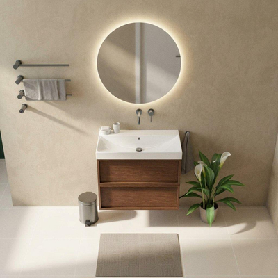 Saniclass Holz Frame Ensemble de meubles de salle de bains - 80x45x67.5cm - Wave lavabo en céramique - 1 vasque - sans trou de robinet - 2 tiroirs - mat walnut pure (bois)