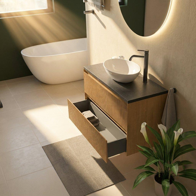 Saniclass Holz Atelier Ensemble de meubles de salle de bains - 100x45x63cm - Plan vasque en basalte Noche poli (noir) - 1 trou de robinetterie - 2 tiroirs - chêne natural mat (bois)