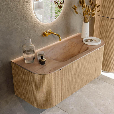 MONDIAZ KURVE-DLUX Meuble de salle de bains 110cm arrondi Gauche + Droite couleur Chêne avec 1 tiroir et 2 portes. Plan-vasque CLOUD Central sans trou de robinet Saba.