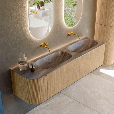 MONDIAZ KURVE-DLUX meuble de salle de bains 165cm courbure gauche couleur chêne avec 2 tiroirs et 1 porte. Lavabo STOR SMALL double / droit sans trou de robinetterie Oza.