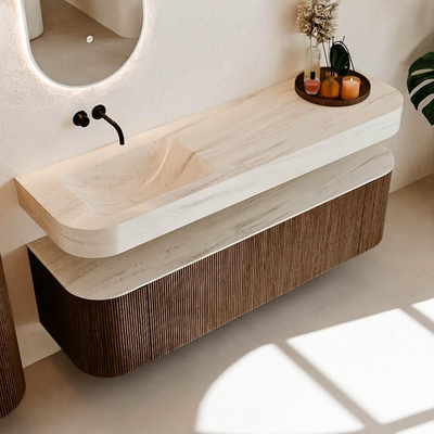 MONDIAZ THOR-DLUX 160cm meuble de salle de bains arrondi gauche + droite couleur Walnut avec 1 tiroir et 2 portes. Vasque suspendue CLOUD gauche sans trou de robinet couleur Meli.