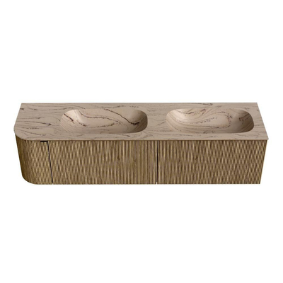 MONDIAZ KURVE-DLUX meuble de salle de bains 175cm arrondi à gauche couleur Dusk avec 2 tiroirs et 1 porte. Lavabo STOR SMALL Double / Droite 2 trous de robinet Arena.