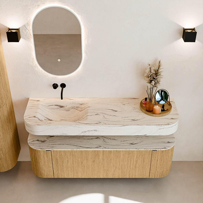 MONDIAZ THOR-DLUX 150cm badmeubel ronding links + rechts kleur Oak met 1 lade en 2 deuren. Vrijhangende wastafel CLOUD Links zonder kraangat kleur Nata.