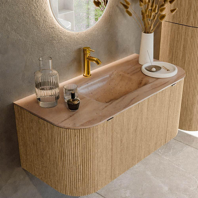 MONDIAZ KURVE-DLUX 100cm badmeubel ronding Links + Rechts kleur Oak met 1 lade en 2 deuren. Wastafel GRUNNE Midden 1 kraangat Saba.