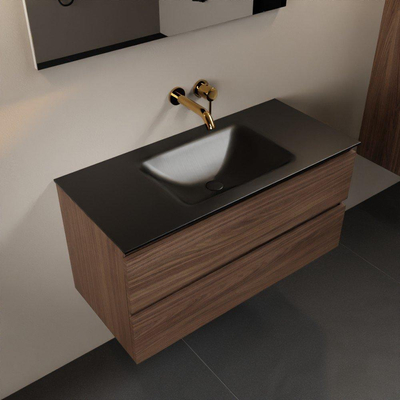 Mondiaz AIVY Ensemble de meuble - 100x45x50cm - 0 trous de robinet - 1 vasque Urban Solid surface - Centre - 2 tiroirs - avec miroir - Melamine Mocha