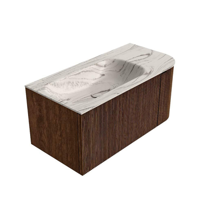 MONDIAZ KURVE-DLUX 95cm badmeubel ronding Rechts kleur Walnut met 1 lade en 1 deur. Wastafel BIG SMALL Links zonder kraangat Nata.