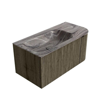 MONDIAZ KURVE-DLUX Meuble de salle de bains 95cm arrondi à droite couleur Shadow avec 1 tiroir et 1 porte. Lavabo BIG SMALL gauche 1 trou de robinet Sombra.