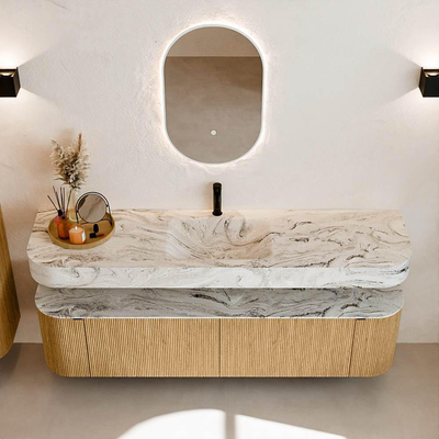 MONDIAZ THOR-DLUX 180cm meuble de salle de bains arrondi gauche + droite couleur Oak avec 2 tiroirs et 2 portes. Vasque suspendue CLOUD Milieu 1 trou de robinet couleur Glace.