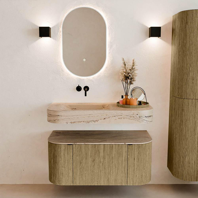 MONDIAZ THOR-DLUX 100cm meuble de salle de bains arrondi gauche + droite couleur Dusk avec 1 tiroir et 2 portes. Vasque suspendue CLOUD Gauche sans trou de robinet couleur Arena.