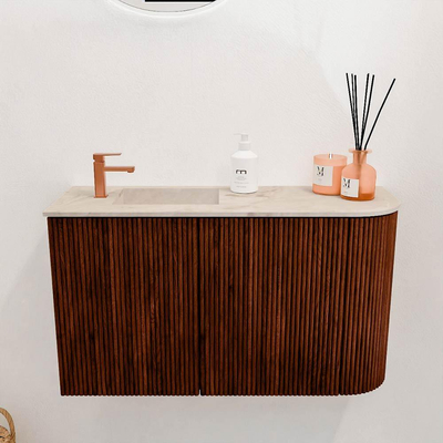 Mondiaz JOYA-DLUX 71.6cm toiletmeubel - ronding rechts kleur Ruby - Wastafel FAYE positie Links 1 kraangat kleur Frappe.