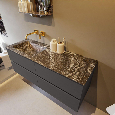 Mondiaz VICA-DLUX ensemble de meuble de salle de bain - 130cm - meuble sous-vasque gris foncé - 4 tiroirs - lavabo encastré cloud gauche - sans trous de robinet - miroir modèle spot - version XL 60cm de haut - lave