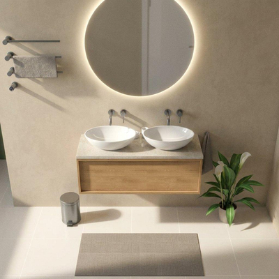 Saniclass Holz Frame Ensemble meuble de salle de bains - 120x45x43cm - Plan de travail en pierre naturelle travertin - sans trou de robinetterie - 1 tiroir - chêne natural mat (bois)