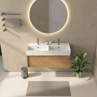 Saniclass Holz Frame Ensemble meuble de salle de bains - 120x45x52cm - Legend lavabo en céramique blanc - 2 vasques - 2 trous de robinetterie - 1 tiroir - chêne natural mat (bois)