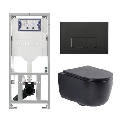 QeramiQ Dely Swirl Toiletset - 36.3x51.7cm - Geberit UP320 inbouwreservoir - met Burda frame - slim zitting - mat zwarte metalen bedieningsplaat - rechthoekige knoppen - mat zwart