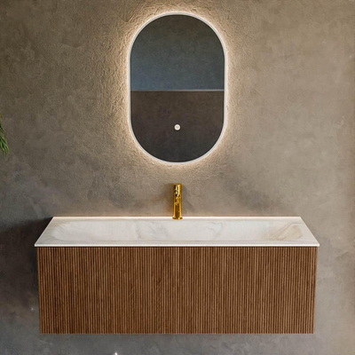 MONDIAZ KURVE-DLUX 120cm Meuble salle de bain - couleur Walnut - 1 tiroir - vasque BIG LARGE centre - 1 trou de robinet - couleur Ostra