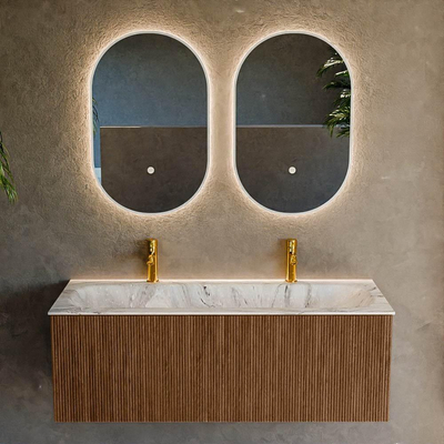 MONDIAZ KURVE-DLUX 120cm Meuble salle de bain - couleur Walnut - 1 tiroir - vasque BIG LARGE centre - 2 trous de robinet - couleur Glace