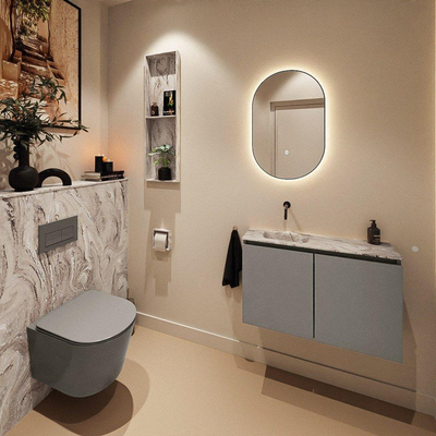 MONDIAZ TURE-DLUX Meuble toilette - 80cm - Smoke - EDEN - vasque Glace - position gauche - sans trou de robinet