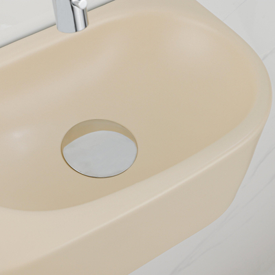 QeramiQ Fuente Ensemble de Lavabo - 40x21.5x12cm - lisse - demi-rond - sans trou pour robinet - céramique - ensemble de robinet chrome - bouchon de vidange - siphon abaissé - beige
