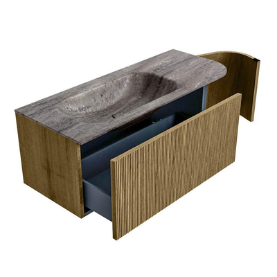 MONDIAZ KURVE-DLUX Meuble de salle de bains 115cm arrondi à droite couleur Dusk avec 1 tiroir et 1 porte. Lavabo BIG SMALL à gauche 1 trou de robinet Oza.