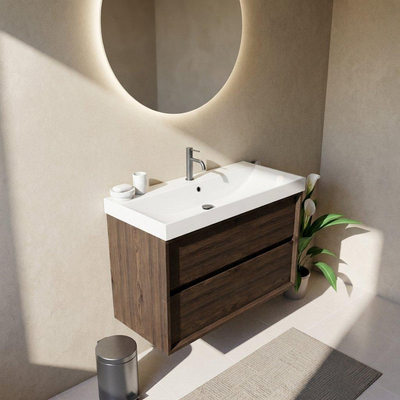 Saniclass Holz Frame Ensemble meuble de salle de bains - 100x45x67.5cm - lavabo Wave en céramique - 1 vasque - 1 trou de robinetterie - 2 tiroirs - chêne charcoal mat (bois)