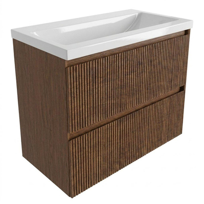 Saniclass Holz Atelier Ensemble de meuble de salle de bains - 80x45x63.5cm - lavabo en céramique Bari blanc - 1 vasque - sans trou de robinet - 2 tiroirs - walnut pure mat (bois)