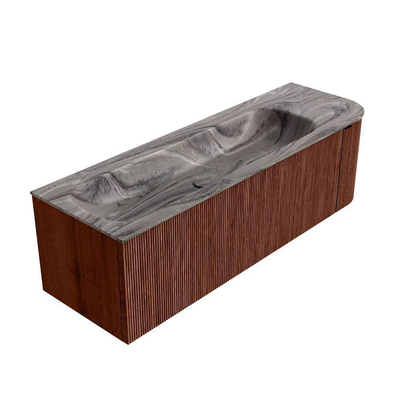 MONDIAZ KURVE-DLUX 145cm meuble de salle de bains arrondi Droite couleur Ruby avec 1 tiroir et 1 porte. Lavabo BIG LARGE Gauche 1 trou de robinet Sombra.