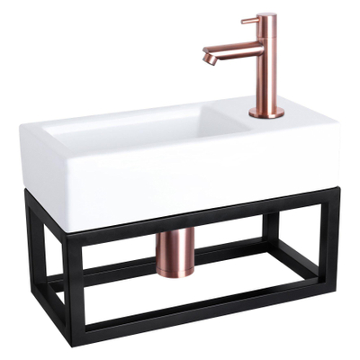 Differnz Ravo kit lave-mains - 38.5x18.5x25cm - Rectangulaire - 1 trou de robinet - Robinet en cuivre droit - avec cadre noir - Céramique blanche