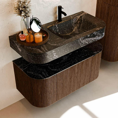 MONDIAZ THOR-DLUX 100cm meuble de salle de bains arrondi gauche + droite couleur Walnut avec 1 tiroir et 2 portes. Vasque suspendue CLOUD Droite 1 trou de robinet couleur Lava.