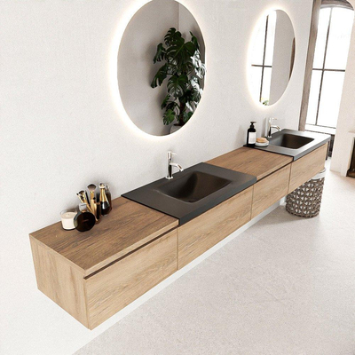 MONDIAZ BUKLA 280cm ensemble de meuble avec module 60 à droite couleur Chêne blanchi avec 4 tiroirs. Lavabo CLOUD double 2 trous de robinet couleur Urbaine.