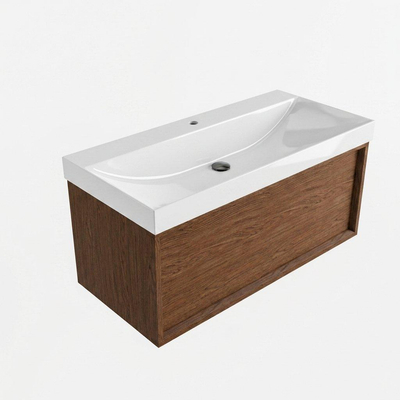 Saniclass Holz Frame Ensemble meuble de salle de bains - 100x45x47.5cm - lavabo Wave en céramique - 1 vasque - 1 trou de robinet - 1 tiroir - noyer pure mat (bois)