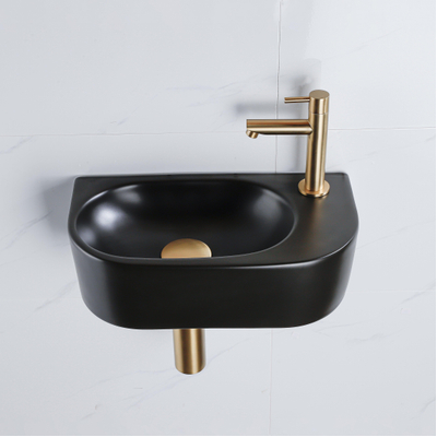 QeramiQ Fuente Ensemble lave-mains - 40x21.5x12cm - droite - lisse - semi-circulaire - 1 trou de robinet - céramique - robinet de lave-mains laiton brossé - bouchon de vidage - siphon abaissé - noir mat