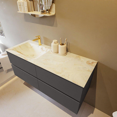 Mondiaz VICA-DLUX ensemble de meuble de salle de bain - 120cm - meuble sous-vasque gris foncé - 4 tiroirs - lavabo encastré cloud gauche - 1 trou de robinet - version haute de 60cm - frape