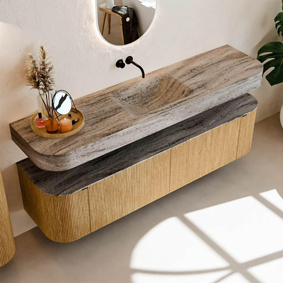 MONDIAZ THOR-DLUX 180cm badmeubel ronding links + rechts kleur Oak met 2 lades en 2 deuren. Vrijhangende wastafel CLOUD Midden zonder kraangat kleur Oza.