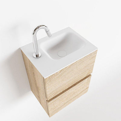 Mondiaz ADA Meuble lave-mains 40x30x50cm avec 1 trou pour robinet 2 tiroirs Washed oak mat Lavabo Lex Gauche Solid Surface Blanc