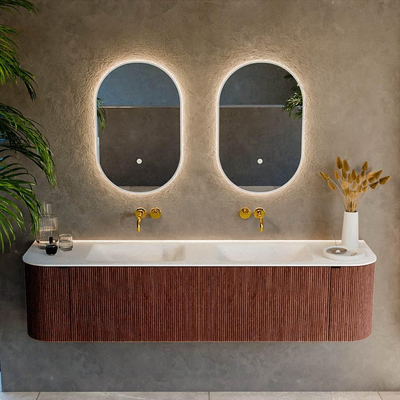 Ensemble de meuble de salle de bain Mondiaz KURVE - 180x46x40cm - 2 tiroirs - 2 portes - lavabo en solid surface - double - sans trou de robinet - Ruby