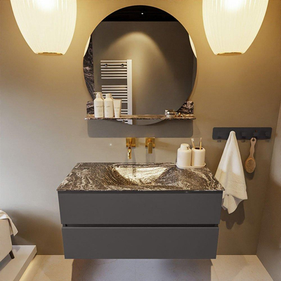 Mondiaz VICA-DLUX ensemble de meuble de salle de bain - 100cm - meuble sous-vasque gris foncé - 2 tiroirs - lavabo encastré cloud milieu - sans trous de robinet - miroir modèle spot - version XL 60cm haut - lave