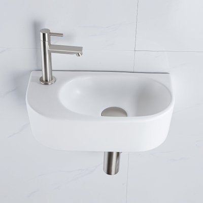 Fugaflow Efficiente Pietra Ensemble lave-mains - 40x21.5x12 cm - gauche - lisse - demi-rond - 1 trou de robinet - céramique - robinet de lave-mains en inox brossé - bonde de vidage - siphon extra-plat - blanc mat