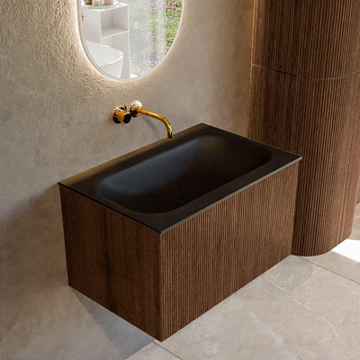 MONDIAZ KURVE 70cm badmeubel kleur Walnut met 1 lade. Wastafel BIG SMALL midden zonder kraangat Urban.