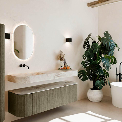 MONDIAZ THOR-DLUX 160cm meuble de salle de bains arrondi gauche + droite couleur Shadow avec 1 tiroir et 2 portes. Vasque suspendue CLOUD Gauche sans trou de robinet couleur Frappe.