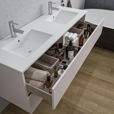 Saniclass Chaci Ensemble de meubles de salle de bains - 140x45x55cm - lavabo en céramique blanc brillant - 2 vasques - 2 trous de robinetterie - 4 tiroirs - cotton mat (beige)