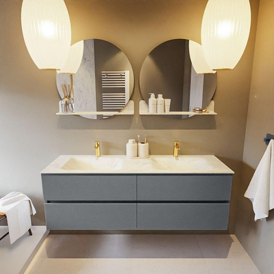 Mondiaz VICA-DLUX Ensemble de meuble de salle de bain - 150cm - meuble sous-vasque plata - 4 tiroirs - lavabo encastrée cloud double - 2 trous de robinet - version haute de 60cm - opalo