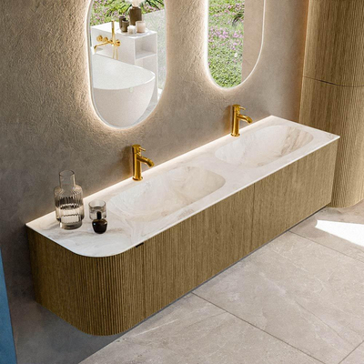 Mondiaz KURVE-DLUX Badkamermeubelset - 175x46x40cm - 2 lade - 1 deur - wastafel solid surface - dubbel / rechts - 2 kraangaten - Dusk
