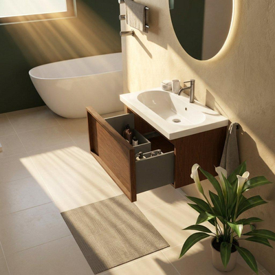 Saniclass Holz Frame Ensemble meuble de salle de bains - 80x45x43.5cm - lavabo en céramique Palermo blanc - 1 vasque - 1 trou de robinet - 1 tiroir - noyer pur mat (bois)