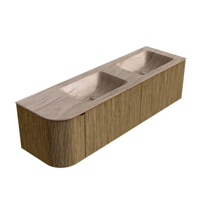 MONDIAZ KURVE-DLUX Meuble de salle de bains 155 cm arrondi à gauche couleur Dusk avec 2 tiroirs et 1 porte. Lavabo LEAF Double / Droite 2 trous de robinet Saba.