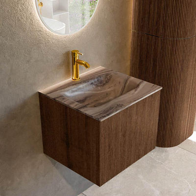 MONDIAZ KURVE-DLUX 50cm badmeubel kleur Walnut met 1 lade en 0 deuren. Wastafel GRUNNE Midden 1 kraangat Sombra.