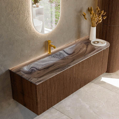 MONDIAZ KURVE-DLUX Meuble de salle de bains 145cm arrondi à droite couleur Walnut avec 1 tiroir et 1 porte. Lavabo BIG LARGE à gauche 1 trou de robinet Sombra.