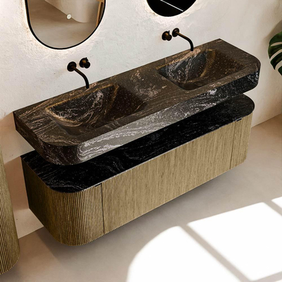 MONDIAZ THOR-DLUX 150cm meuble de salle de bains arrondi gauche + droite couleur Dusk avec 1 tiroir et 2 portes. Vasque suspendue CLOUD Double sans trou de robinet couleur Lava.