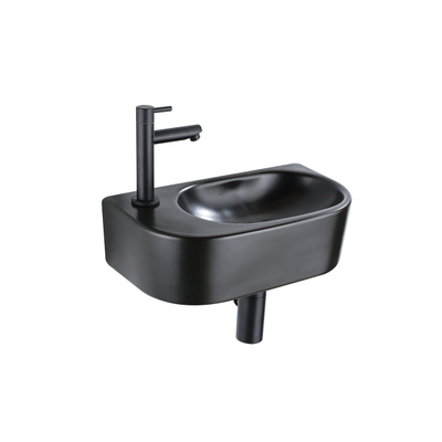 QeramiQ Fuente Ensemble de lavabo - 40x21.5x12cm - gauche - lisse - demi-rond - 1 trou de robinet - céramique - robinet de fontaine noir mat - bouchon de vidange - siphon abaissé - noir mat
