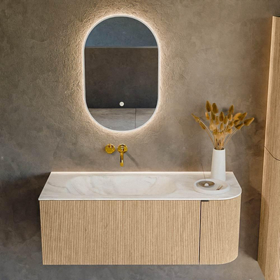 MONDIAZ KURVE-DLUX meuble de salle de bains 115 cm avec module 25 R couleur Oak avec 1 tiroir et 1 porte. Lavabo BIG SMALL gauche sans trou de robinet couleur Ostra.
